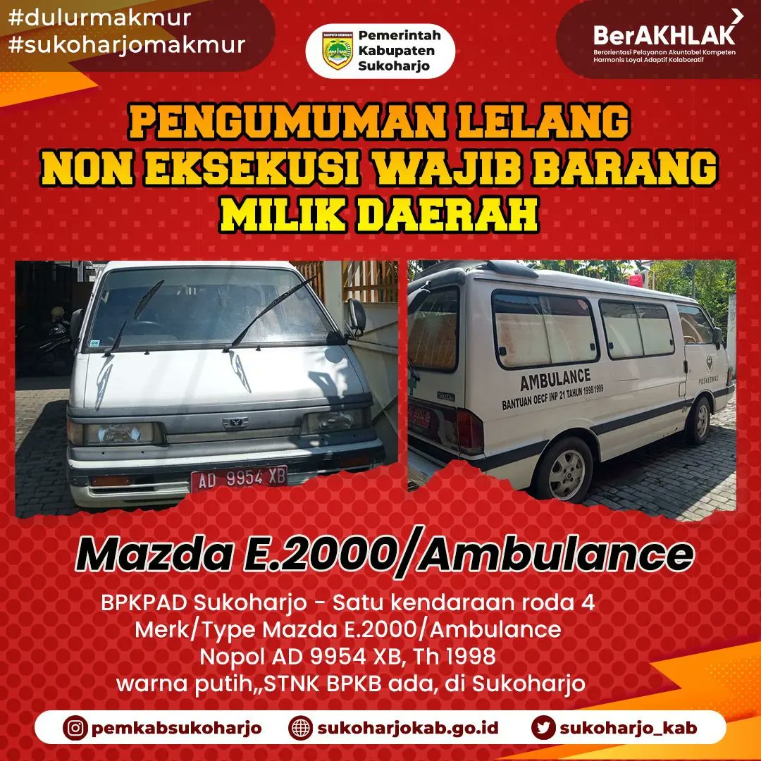 sukoharjo_kab's tweet photo. Dulur Makmur
.
Yuukk simak info Lelang Barang Milik Daerah Kabupaten Sukoharjo melalui https://t.co/Qzmu0uY358
@bpkpad.sukoharjo
#PemkabSukoharjo
#bpkpad
#lelangbarangmilikdaerah https://t.co/UgSWSQhter