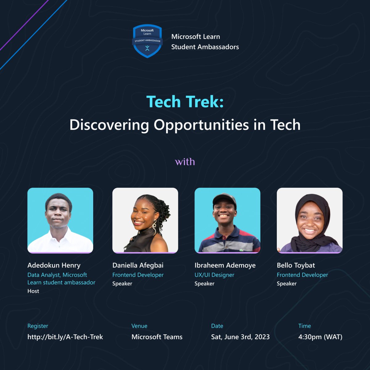 📢 Join Tech Trek: Discover Opportunities in Tech! 🌟

Explore the world of technology and unlock exciting opportunities! 
🎙️ Interactive panels
💡 Hands-on activities
🤝 Networking opportunities

Don't miss out! Register now