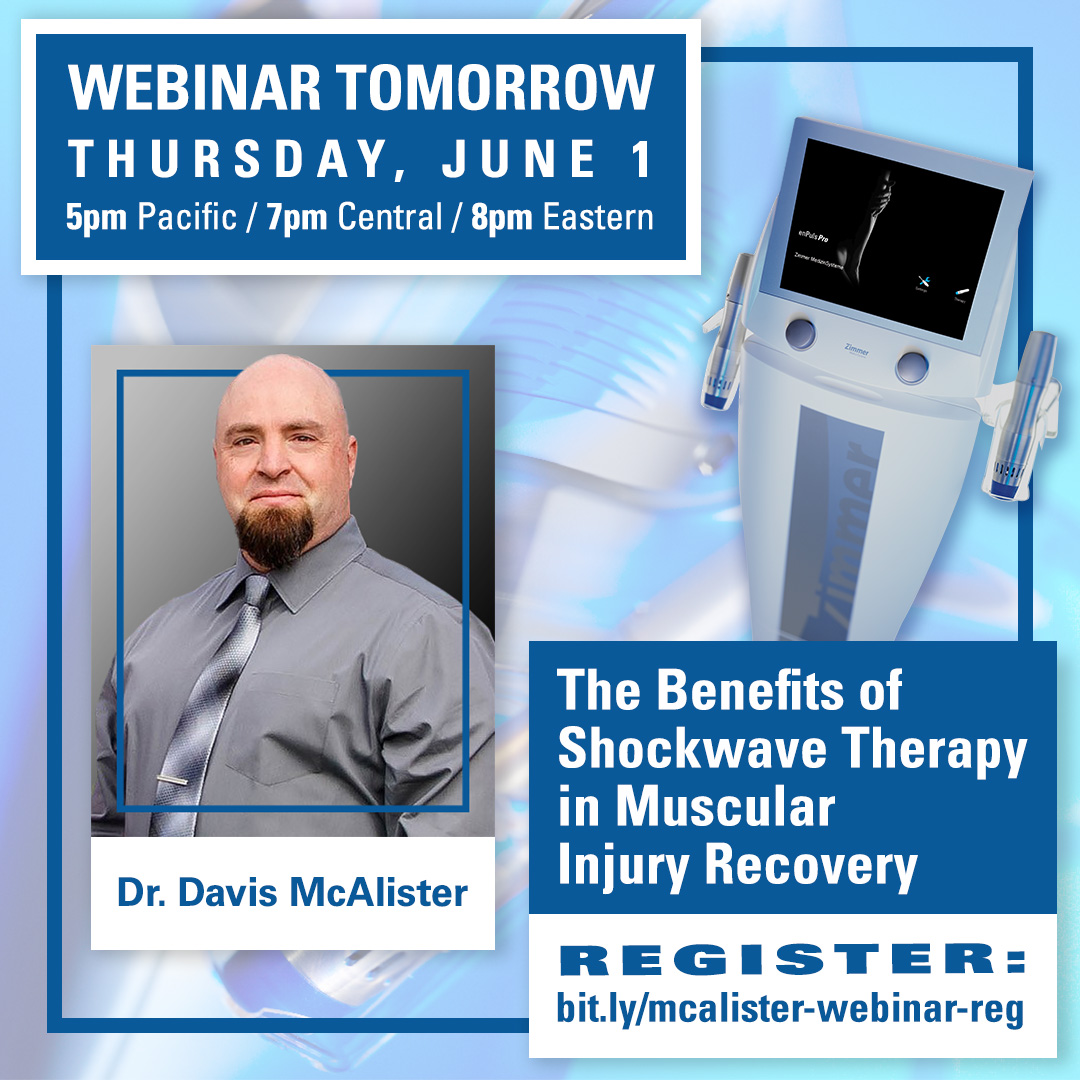 Attn chiro, PT, sports med! FREE #Webinar TOMORROW!

BENEFITS OF #SHOCKWAVETHERAPY IN MUSCULAR INJURY RECOVERY
#DrDavisMcAlister, DC, Clinic Faculty Doctor at #ParkerUniversity 
6/1/2023 5pm Pacific 
REGISTER ➡️ bit.ly/mcalister-webi…

#ZimmerSolutions #Chiropractic #enPulsPro