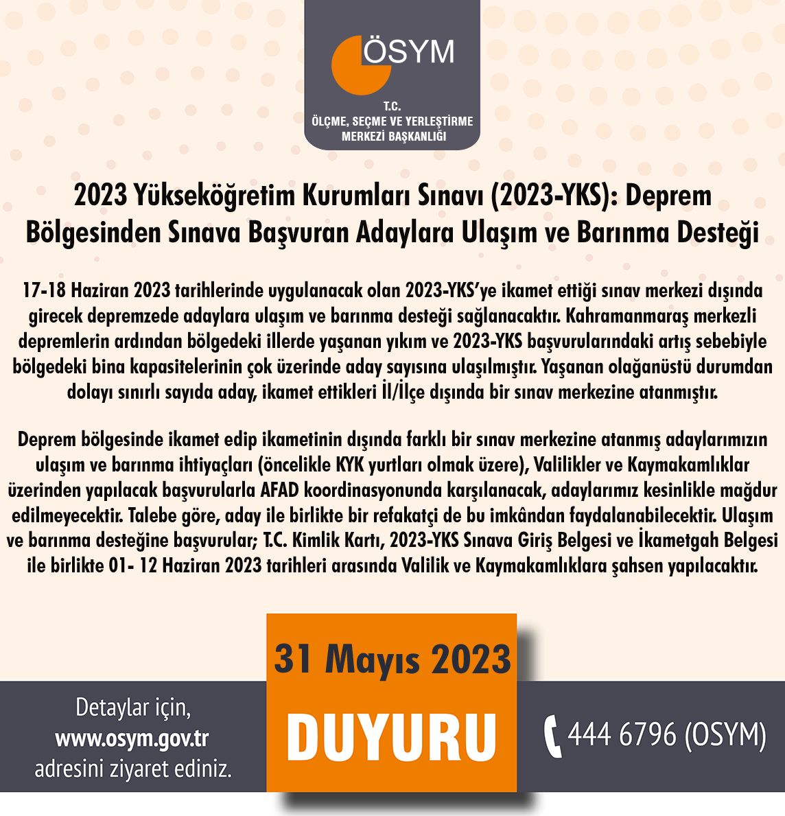 2023 Yükseköğretim Kurumları Sınavı (2023-YKS): Deprem Bölgesinden Sınava Başvuran Adaylara Ulaşım ve Barınma Desteği

osym.gov.tr/TR,25547/2023-…