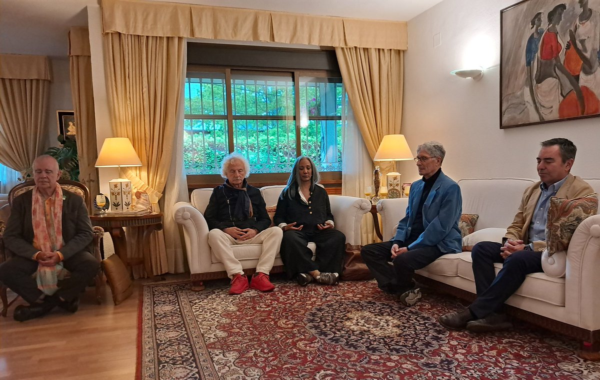 IndiainSpain's tweet photo. As a precursor to #InternationalYogaDay2023, Amb @DineshKPatnaik hosted a reception for prominent #Yoga influencers of Spain. There was a talk on the theme “Yoga and Wellbeing” followed by a brief #meditation session. The invitees also enjoyed some “Satvik” delicacies. https://t.co/ndarzfNrOI