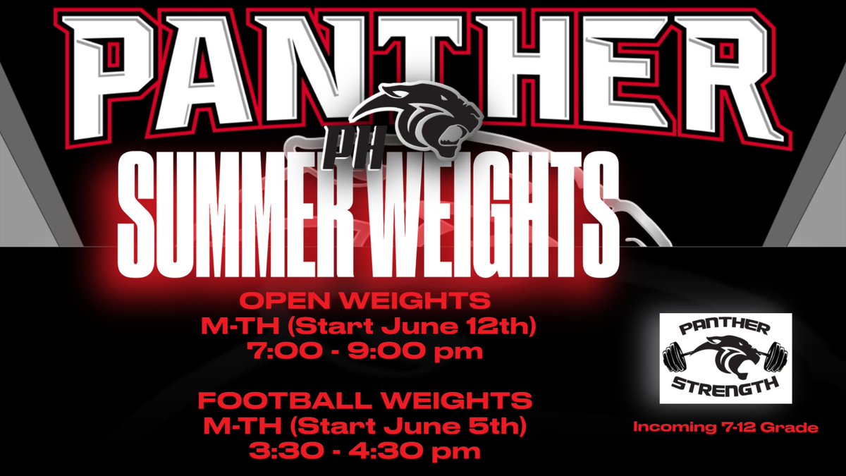 SUMMER WEIGHTLIFTING SCHEDULE! 
FOR GRADES 7-12 FOR THE 2023/2024 SCHOOL YEAR!