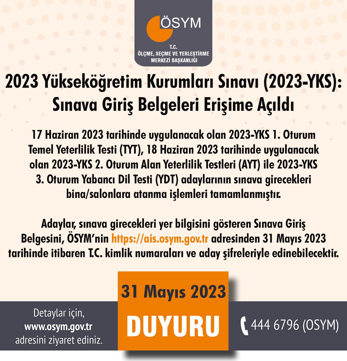 2023 Yükseköğretim Kurumları Sınavı (2023-YKS): Sınava Giriş Belgeleri Erişime Açıldı

osym.gov.tr/TR,25546/2023-…