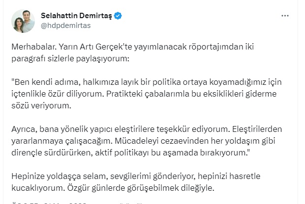Diyrbakirinsesi's tweet photo. Eski HDP Eş Genel Başkanı Selahattin Demirtaş, aktif politikayı bıraktığını duyurdu.
#SONDAKİKA
#sondakikahaberleri
#flashaber https://t.co/u7nkwOQNZu