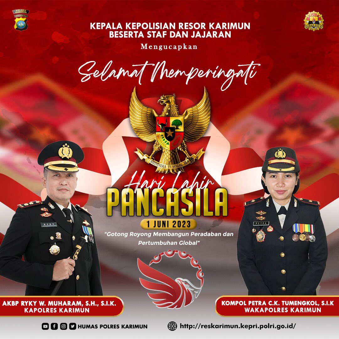 KEPALA KEPOLISIAN RESOR KARIMUN BESERTA STAF DAN JAJARAN MENGUCAPKAN SELAMAT MEMPERINGATI HARI LAHIR PANCASILA 1 JUNI 2023

#humaspolreskarimun
#adaptasikebiasaanbaru
#lawancovid19
#disiplinbersamapolri
#polisipresisi
#layananpolisi110
#fyp