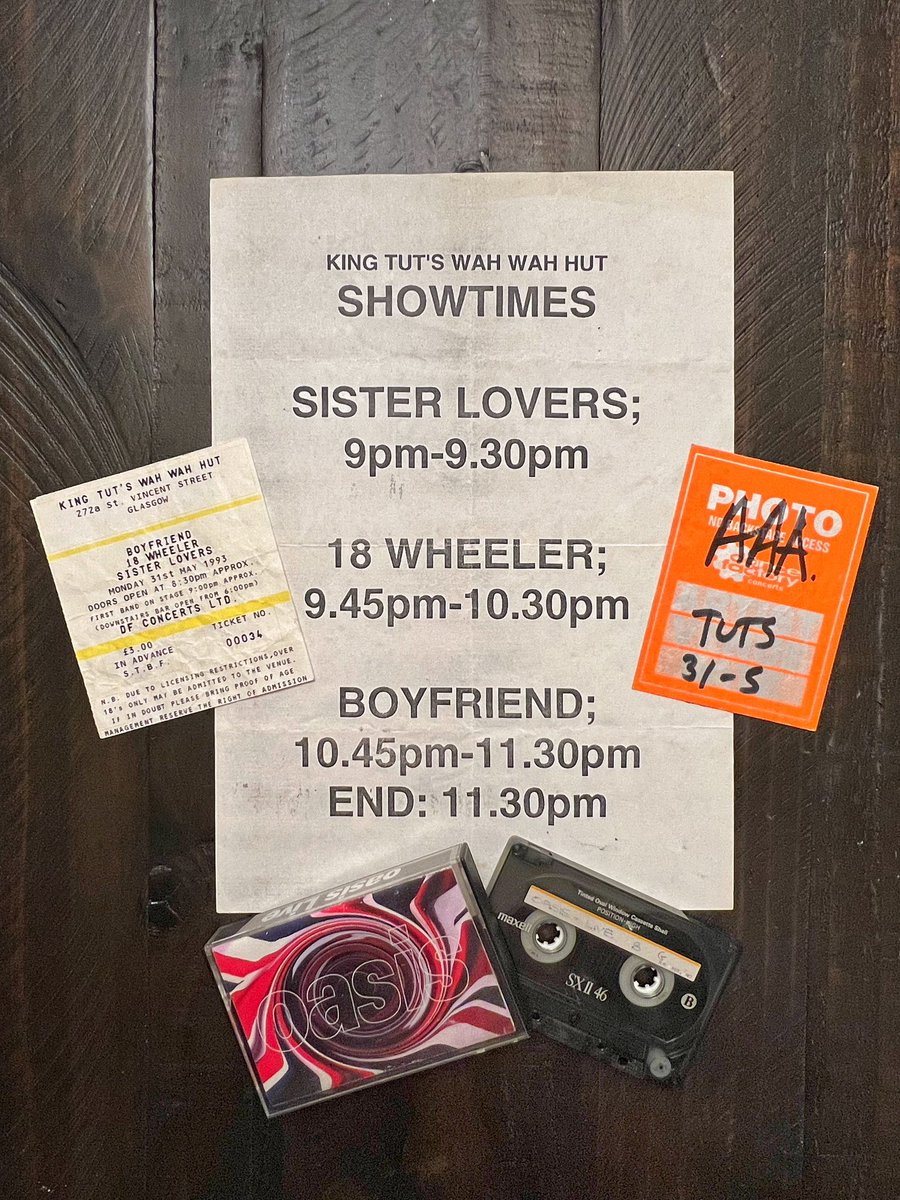 30 yrs today, Oasis played King Tut's Wah Wah Hut. Creation Records owner, Alan McGee was in the crowd and signed Oasis to their 1st record deal. Original relics of the most important event in Oasis history. From my collection: ticket, call sheet and AAA pass #noelgallagher
