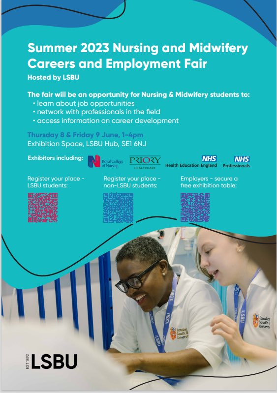 JoBardi's tweet photo. Are you a Student Nurse PCT or NHS Trust?          You are invited to the ⁦@LSBU⁩ ⁦Nursing and Midwifery Careers and Employment Fair 8th and 9th June 2023.  
Employers, click: https://t.co/X0Hl1f8z3K or Scan the QR Codes below to register for free. See you there https://t.co/vDaELe20dK