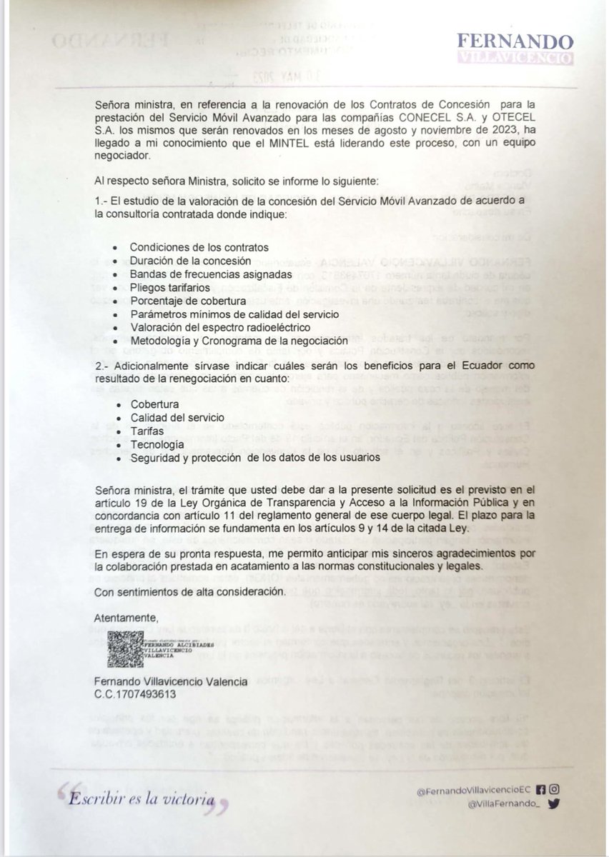 VillaFernando_'s tweet photo. URGENTE| En el mayor de los silencios se pretende suscribir los contratos de telefonía móvil con las operadoras Claro y Movistar, por esta razón, he solicitado a @Telecom_Ec remita la información sobre este proceso de renegociación. El Estado debe garantizar que la valoración de la concesión para la renegociación de los contratos con las móviles obedezca a un estudio técnico y económico, con una correcta determinación de parámetros de calidad, cobertura y tarifas.
La concesión durante el régimen de Correa, garantizó a Claro un pago de $469M, a Movistar $240M, total  $709M. Pero, los ingresos promedios anuales fueron: Claro $1200M, otecel $700M, eso suma $1900M. De ahí el 2,93% de los ingresos serían $56M y por 15 años $835M. Sumandos estos 2 valores tenemos $1500M por 15 años. Ese valor es el único que pagaron por 15 años las operadoras. Mi criterio es que la nueva concesión debe obedecer a un estudio técnico y económico correcto mucho mayor a este valor y también que las tarifas sean reducidas y se amplíe la cobertura al sector rural. @LassoGuillermo