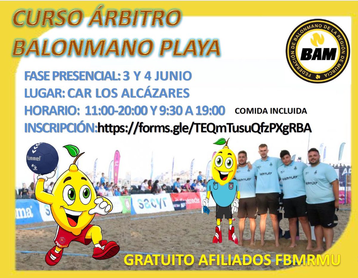 CURSO ÁRBITRO BALONMANO PLAYA‼️ PRESENCIAL: 3 Y 4 JUNIO
LUGAR: CAR LOS ALCÁZARES
HORARIO: 11:00-20:00 Y 9:30 A 19:00 COMIDA INCLUIDA
INSCRIPCIÓN:forms.gle/TEQmTusuQfzPXg… <a href="/FBMRMU/">FED. BALONMANO REGION DE MURCIA</a>