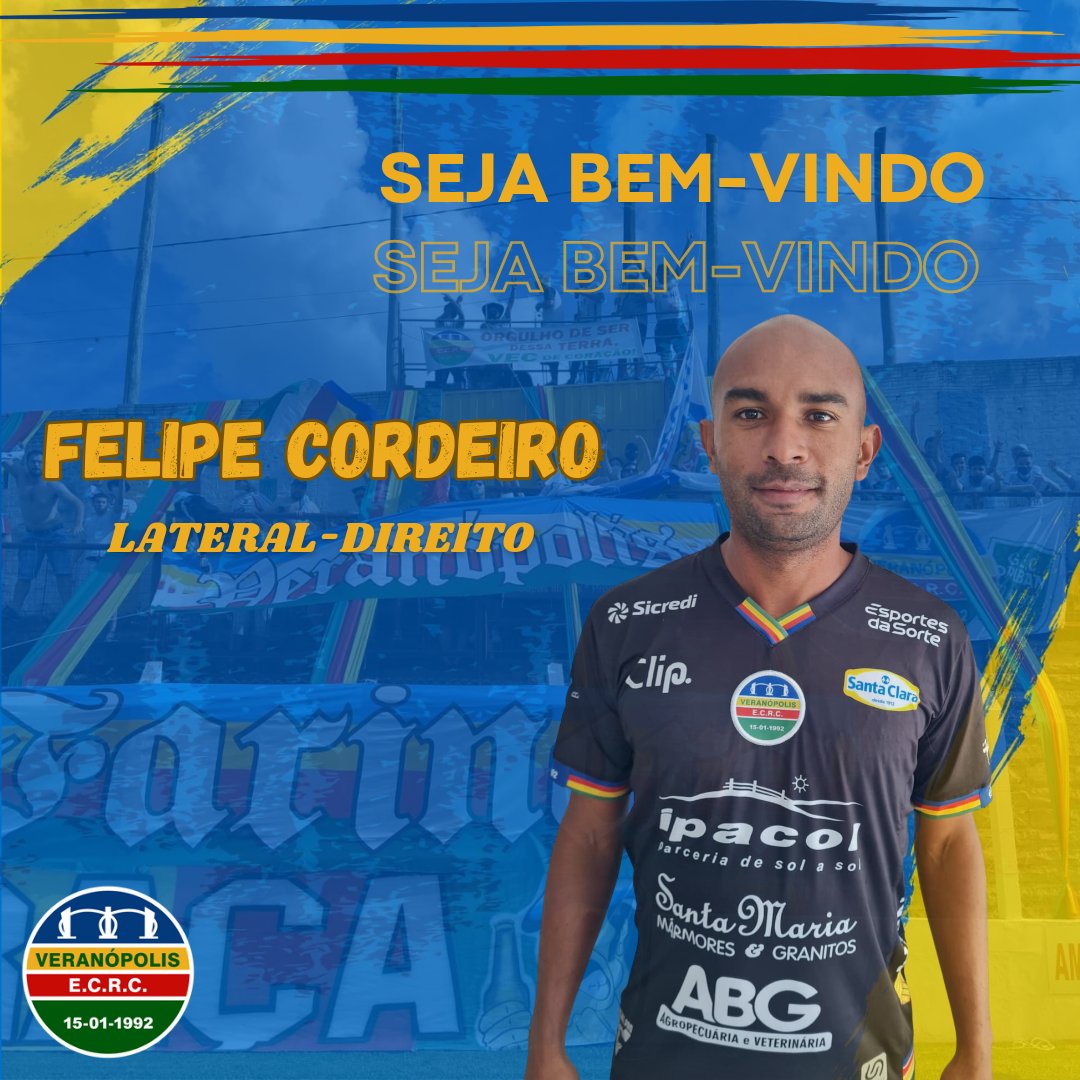 VeranopolisECRC's tweet photo. Tem reforço no Pentacolor! 
Felipe Cordeiro de Araújo Lopes, é lateral-direito, tem 31 anos, natural de Mari (PB), tem passagens por Tupi-MG, Avenida, entre outros. Pertence ao Manaus-AM e seu último clube foi o Nacional, também do Amazonas.
Seja bem-vindo ao VEC Felipe Cordeiro! https://t.co/7h5D9noRRn