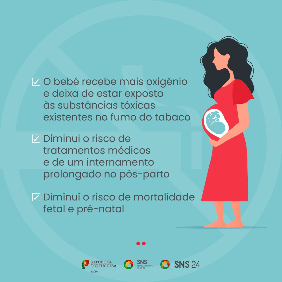 SNS_Portugal's tweet photo. Se está grávida, parar de fumar tem benefícios para si e para o bebé. Lembre-se: não fumar é a melhor decisão para proteger a sua saúde e a dos outros. Saiba mais no SNS 24: https://t.co/zIcH5juZxq 🚬❌ #Saúde #SNS #NãoFumador #Tabaco #SemTabaco https://t.co/97R9Xf2pQg