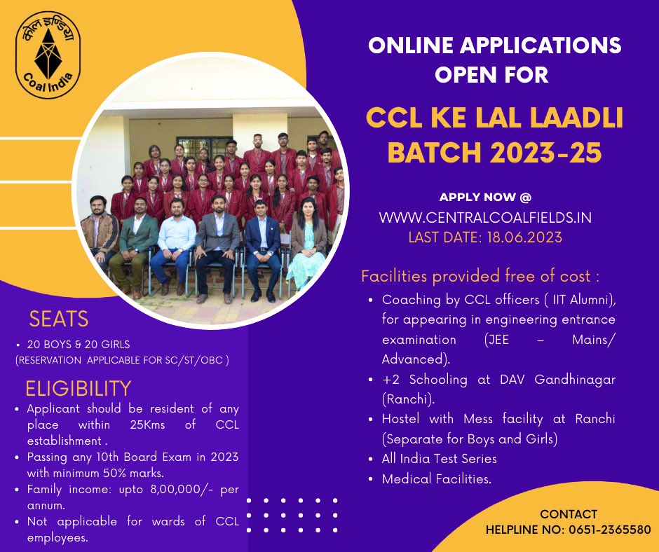 CCLRanchi's tweet photo. Online applications are now open for the pioneering CSR initiative of CCL - "CCL Ke Lal Laadli" at https://t.co/x3gvnNVXwz. 

The deadline is 18.06.2023. For more information call 0651-2365580.

The link for filling the application is :

https://t.co/hVorQ6qVCk https://t.co/kghGHDJiDW