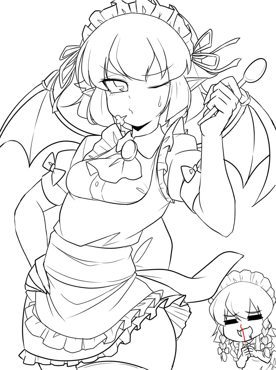 線画終わり。レミリアと咲夜さんでした。 https://t.co/TKAxOzYnKa