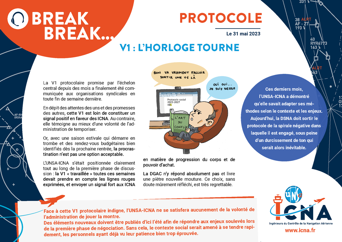 UnsaICNA's tweet photo. Protocole V1 : l'horloge tourne. 
Face à cette V1 protocolaire indigne, l’@UnsaICNA ne se satisfera aucunement de la volonté de l’administration de jouer la montre.
Des éléments nouveaux doivent être publiés d’ici l’été. 
https://t.co/llW58xQjr2 https://t.co/yA5wGGqbv3