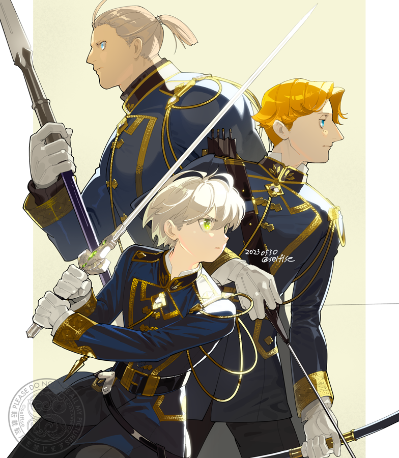 weapon multiple boys blue eyes bow (weapon) sword gloves 3boys  illustration images
