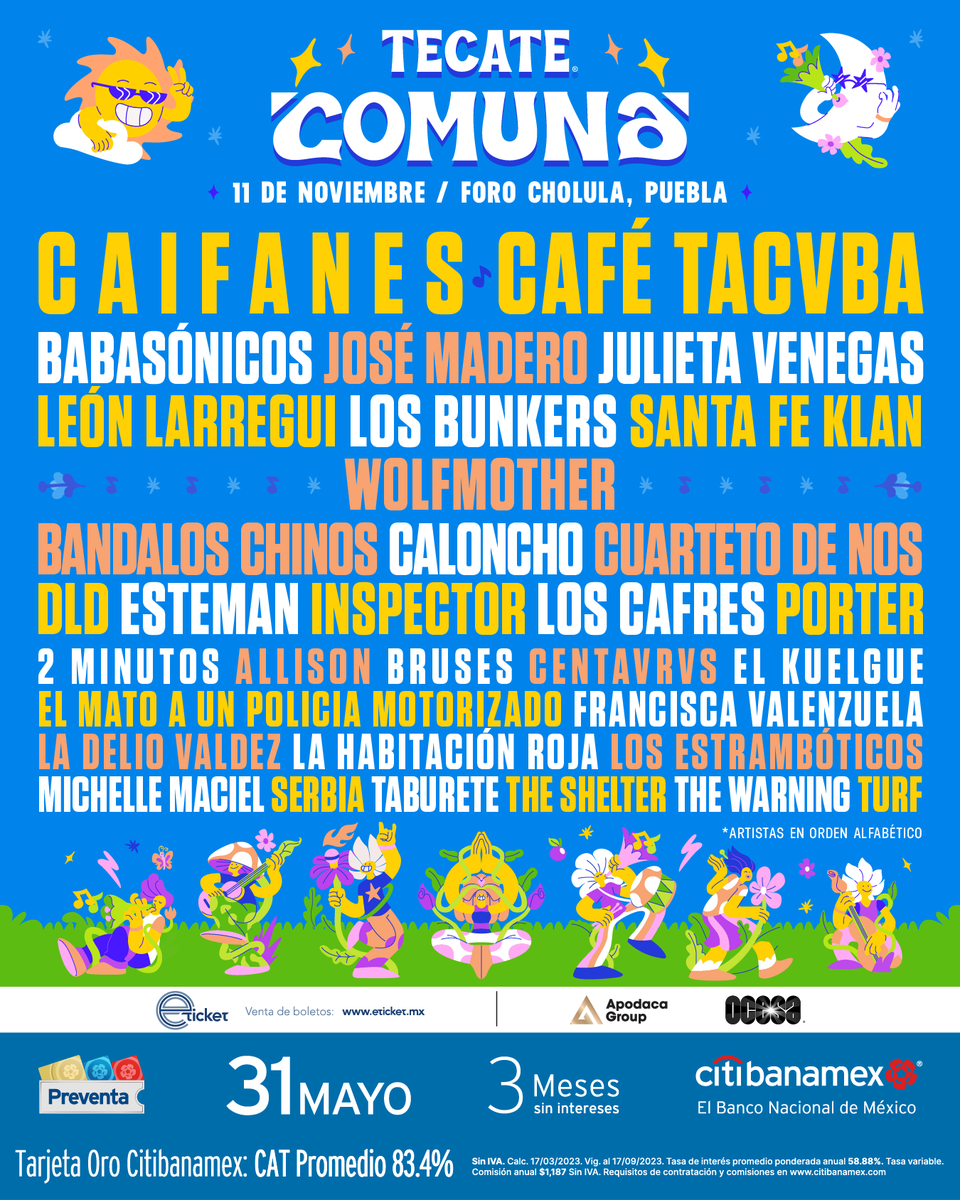 🎶 #TecateComuna 2023! 🇲🇽

◽NOVIEMBRE11 – #ForoCholulaPuebla

💳 #PreventaCitibanamex 🚨HOY 👉🏽 MAYO31
🎫 #VentaGeneral 🚨MAÑANA 👉🏽 JUNIO01
🎟️ A TRAVÉS DE SISTEMA <a href="/eticket/">ETICKET</a>

<a href="/CervezaTecate/">Cerveza Tecate</a> <a href="/TecateComuna/">Tecate Comuna</a> <a href="/ApodacaGroup/">Apodaca Group</a> #ocesa #tecatecomuna #cervezatecate