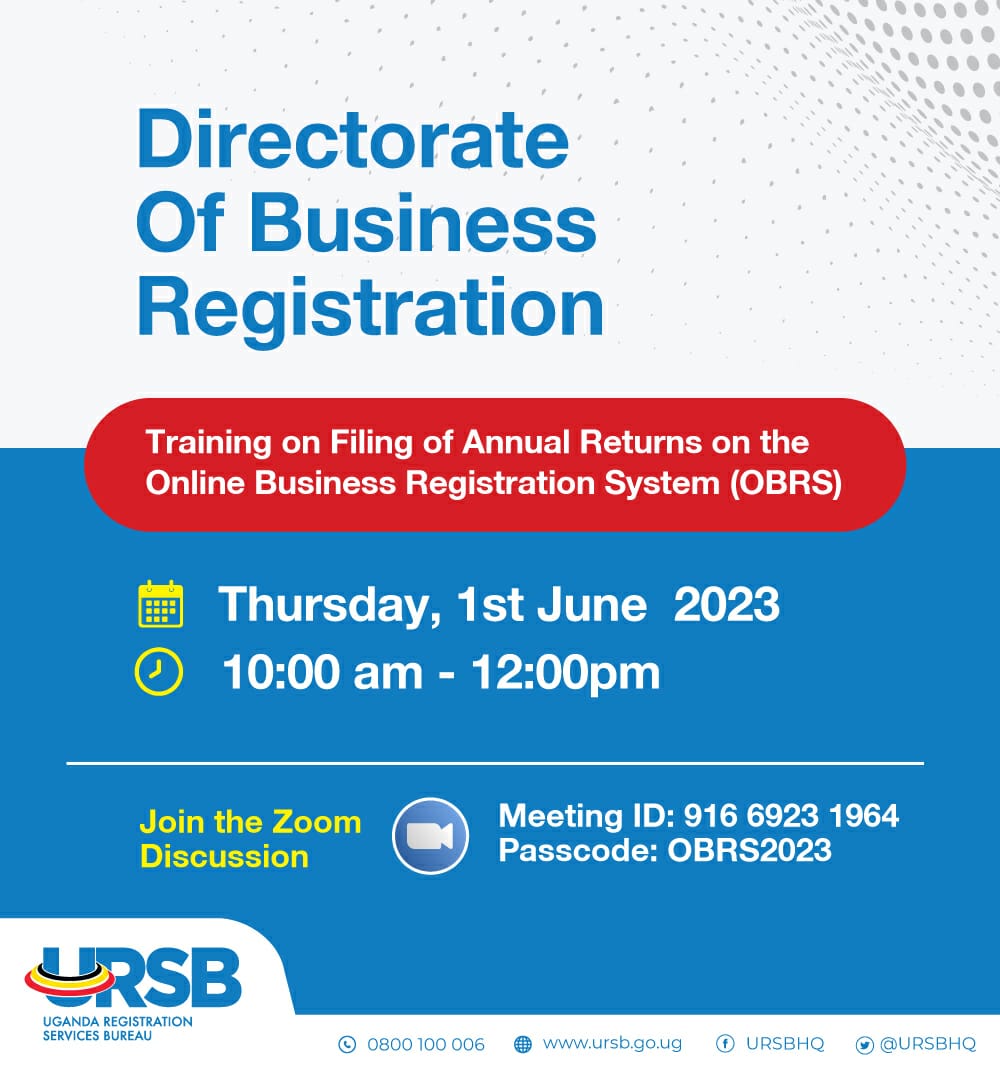 📣 Calling all business owners!Learn how to file Annual Returns seamlessly on OBRS with our expert-led training.

📌 Save the date: Thursday, June 1st, 2023, from 10:00am to 12:00pm.

Join us using this link
ursb-go-ug.zoom.us/j/94204738996?…