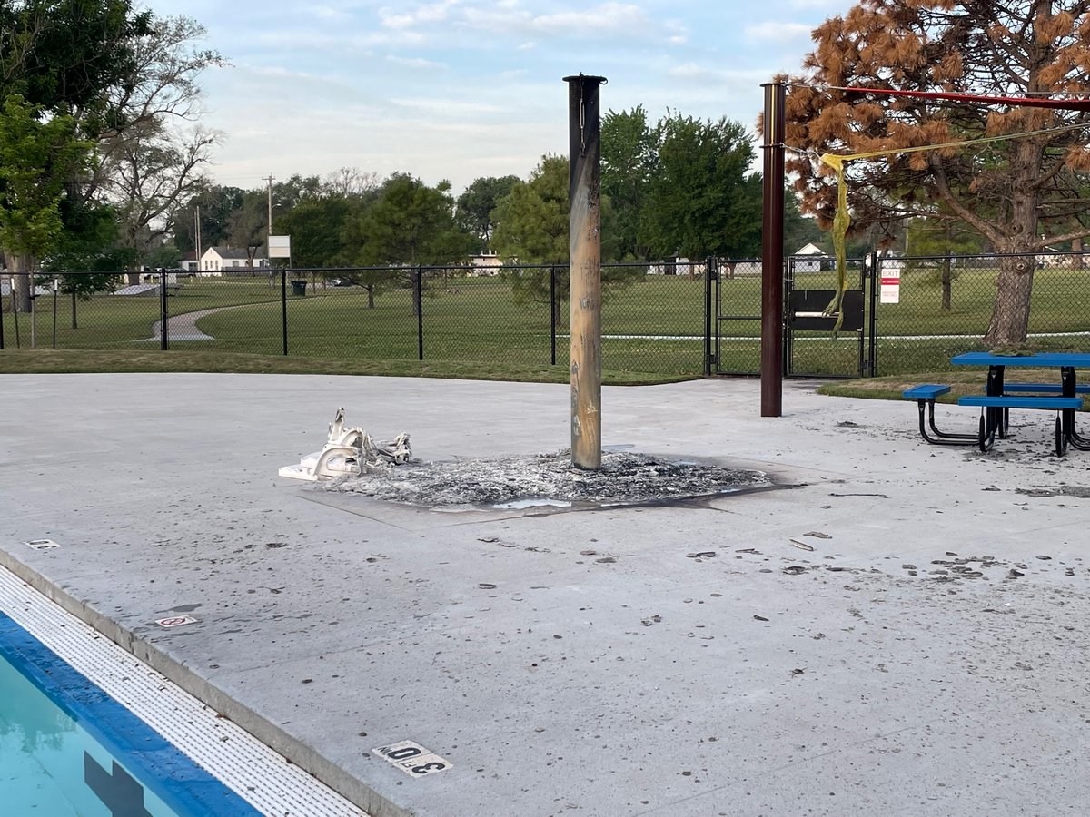 CityofWichita's tweet photo. Last night, Aley Pool in District 4 received significant vandalism, including the destruction of 20-25 chairs via fire, destruction of sun shades and more. Today, the pool will be closed. Our park and recreation amenities belong to us all, and senseless vandalism hurts our community and the children and families looking forward to a fun day of swimming.