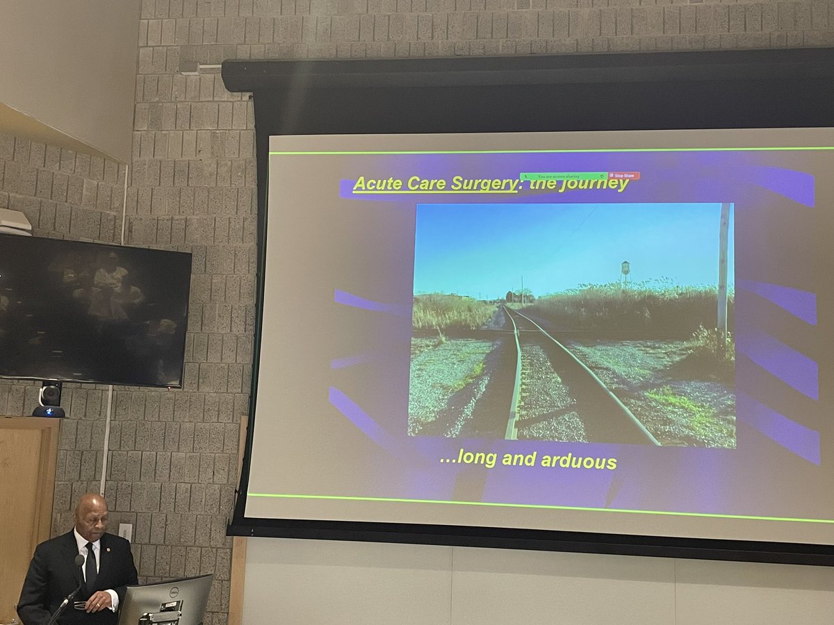 Dr. LD Britt taking us through the journey of Acute Care Surgery with his famous train tracks picture. @rwjsurgery @EVMSedu @evmssurgery @RWJMS