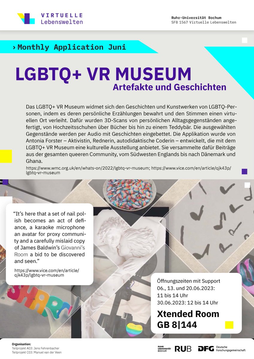 #MApp: Die Monthly Application Juni ist das LGBTQ+ VR Museum. Die virtuelle Ausstellung mit persönlichen Erzählungen und virtuellen Artefakten kann am 6., 13., 20. und 30. Juni 2023 mit Support im Xtended Room ausprobiert werden. Alle Infos ⬇️
sfb1567.ruhr-uni-bochum.de/blog-post/mont…