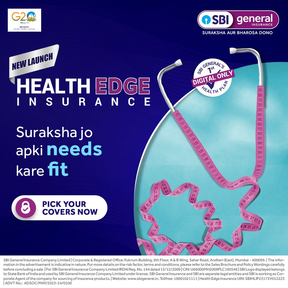 sbigeneral's tweet photo. Suraksha jo apki needs kare fit. 
We're bringing SBI General Health Edge - the first ever customisable insurance plan where you can pick the covers and benefits you want.

#SBIGeneralInsurance #HealthEdge #Suraksha #HealthInsurance https://t.co/BYLDg5dfPq