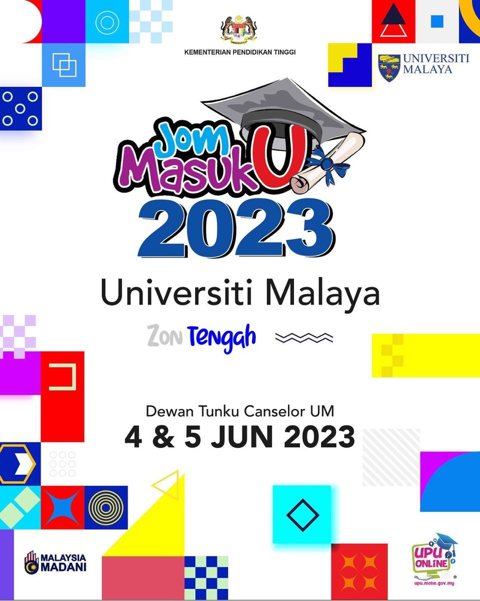 Bagi adik2 lepasan SPM, boleh ke Karnival Jom Masuk U Zon Tengah.

Boleh tanya terus pilihan kursus yang bersesuai dgn minat & penting tahu syarat2 umum layak bagi permohonan kursus yang diminati #JomMasukU