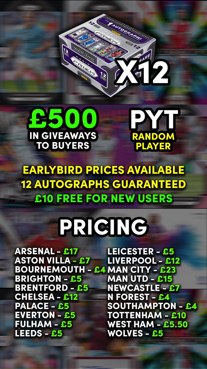 luke_solve's tweet photo. TODAY I’m live with a CASE BREAK… and the next 10 people to order a spot will receive a FREE numbered parallel and a SIGNED influencer Match Attax card with their order! 🎁

It’s a hobby case of Panini Prizm 2022/23 and a PYT Random Player format, meaning you could get a spot worth up to 10X the amount you paid for it.

Haaland is a £250+ spot yet you could get it for only £25.

Grab a spot here - https://t.co/r2xOXJUww4

#footballcards #soccercards #soccerbreaks #footballcards #sportscards