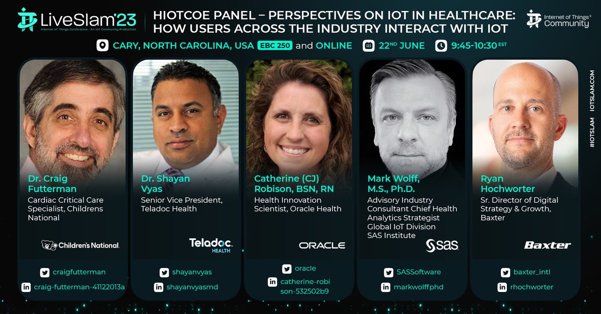 Join #HIoTCoE Panel featuring Catherine Robison @Oracle, @shayanvyas @TeladocHealth, Dr. Craig Futterman @ChildrensNatl, Dr. Mark Wolff @SASsoftware & Ryan Hochworter @baxter_intl
June 22nd Live from SAS HQ, Cary NC
iotslam.com/session/hiotco…
#IoTCommunity #IoTSlam #IoT #IoTSlamLive