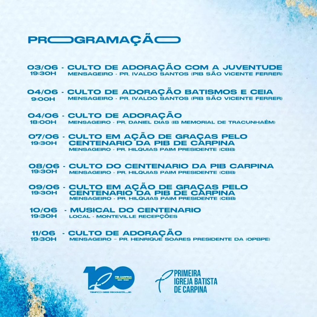 No próximo domingo, dia 04/06, estarei participando das comemorações do centenário da PIB Carpina-PE. Um século de história e proclamação do Evangelho! Uma Igreja relevante na Mata-Norte de Pernambuco. Me sinto honrado pelo convite.