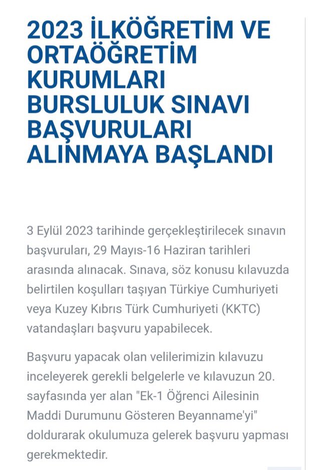 BollucaTUTEVOO's tweet photo. Tüm öğrencilerimize ve velilerimize duyurulur📣
2023 yılı bursluluk ve parasız yatılılık sınavı 3 Eylül 2023 de yapılacak olup,sınav başvurularını 16 Haziran’a kadar okulumuz idaresine gelerek(veli bizzat kendisi gelerek) yapabilirsiniz.@ARNAVUTKOYMEM @HasipTurhan https://t.co/7HXTmUqg7g