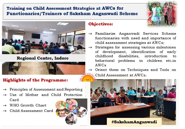 A Training Programme on ‘Child Assessment Strategies at AWCs’ was organized for Functionaries  of Saksham Anganwadi Scheme from 30-31 May, 2023 at NIPCCD Regional Centre, Indore. 32 Participants attended the Programme. 
#SakshamAnganwadi #MissionPoshan2.0