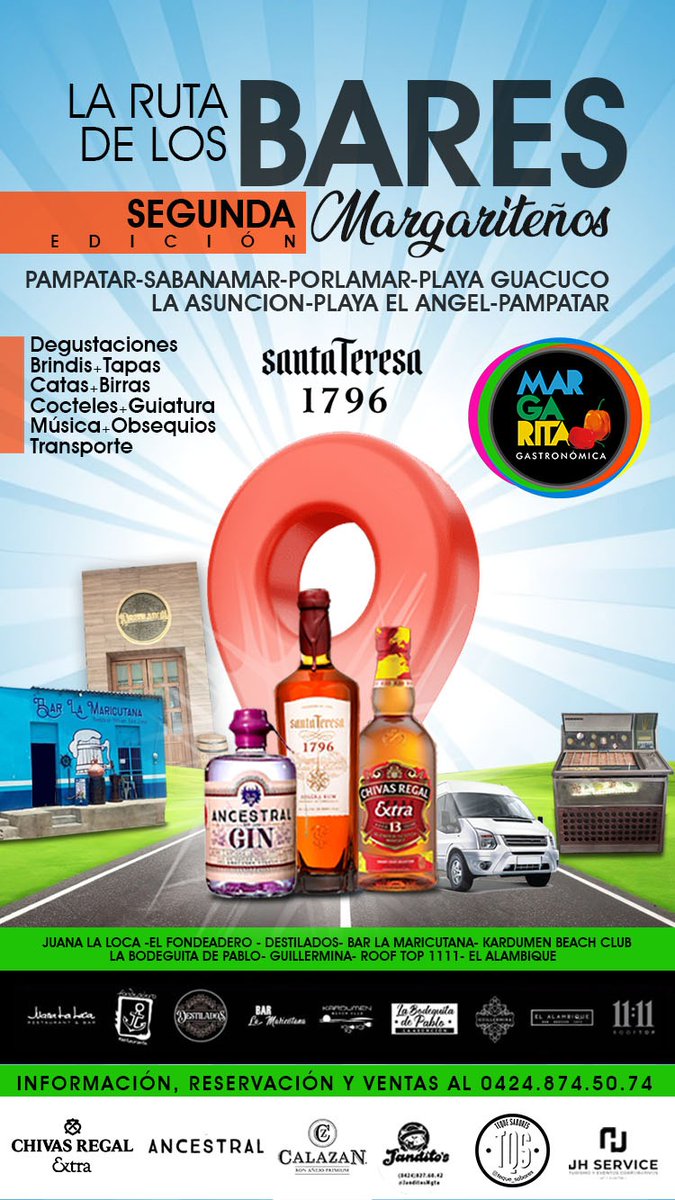 SEGUNDA RUTA DE LOS BARES MARGARITEÑOS | Este sabado 3 de junio.
9 estaciones, 6 licores. Brindis, degustaciones, refrigerios, musica y diversion. Guiatura y Transporte. Premios y obsequios.

#IMPERDIBLE