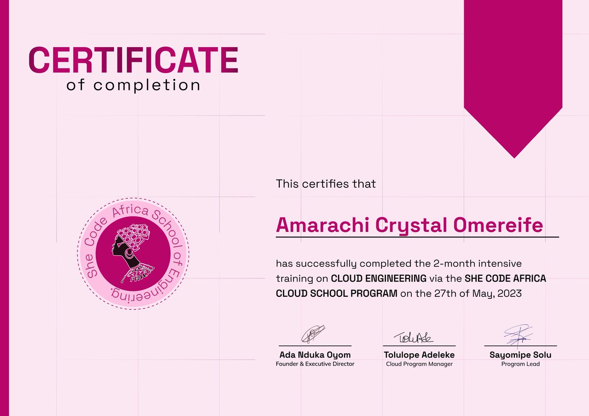 I am proud to announce that I have completed the @SheCodeAfrica (azure) cloud engineering bootcamp and have been awarded my certificate. 
Thank u @scaabuja
@imebrowny
@UmohEsther10
#azure #azurecloud #cloudengineer #womenincloud #WomenInTech #WomenWhoCode