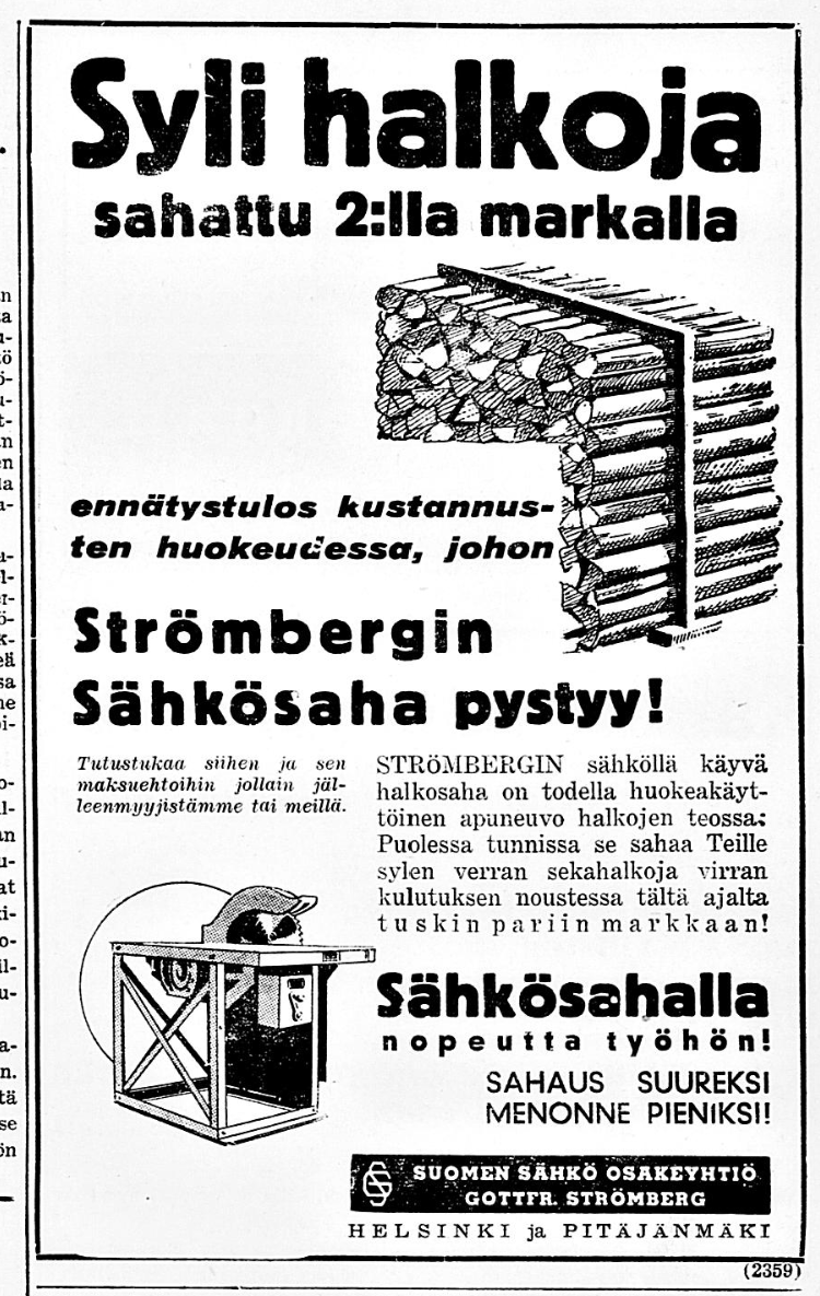 Halkohommat kuntoon - luottakaa Strömbergin sähkösahaan! Maaseudun Tulevaisuus 6.4.1937.