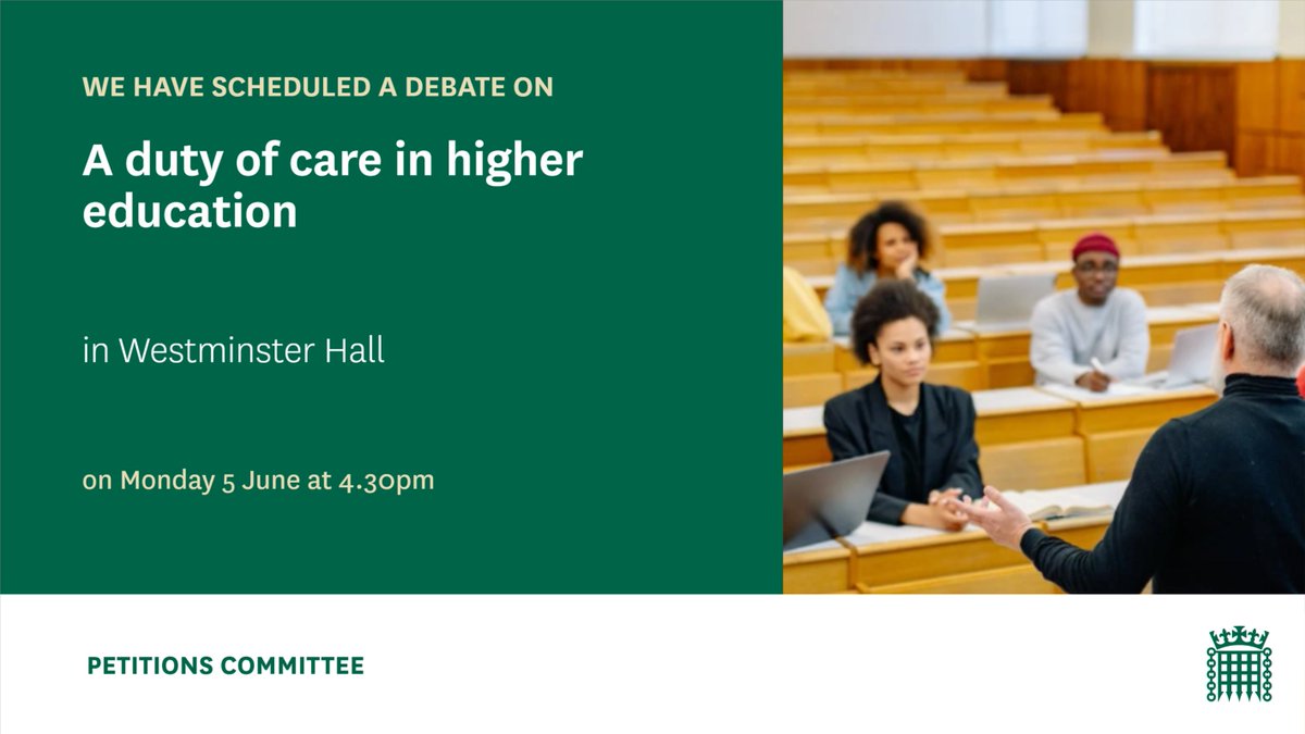 We have scheduled a Westminster Hall debate on a proposed statutory duty of care for higher education students for Monday 5 June. The debate will be opened by @NickFletcherMP.