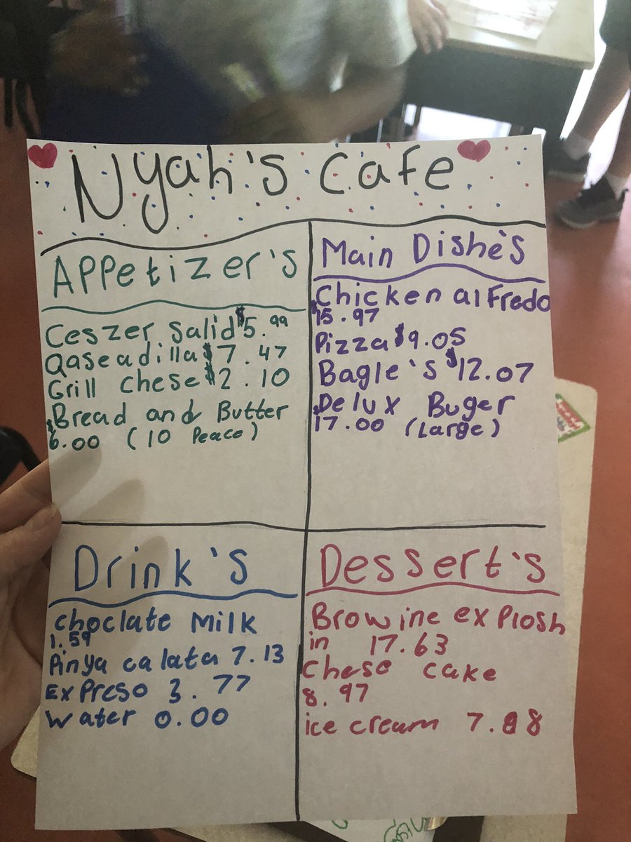 MsBall17's tweet photo. Today to help us practice our skills of adding and subtracting decimals, we created menus and got our classmates order! We determined the total cost, added tip, and calculated the change we had to give back. Some tips were VERY generous 💰💸🤑🍔🍕🍟🍜🥟🍪🍩 https://t.co/gbssb1CKSJ