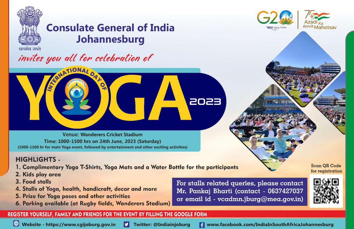 Let's celebrate Africa's largest Yoga Day event this year on Saturday, 24th June 2023 at Wanderers Stadium together with families and friends. Free entry. 

Register for the event by filling the google form on the link below:

docs.google.com/forms/d/e/1FAI…