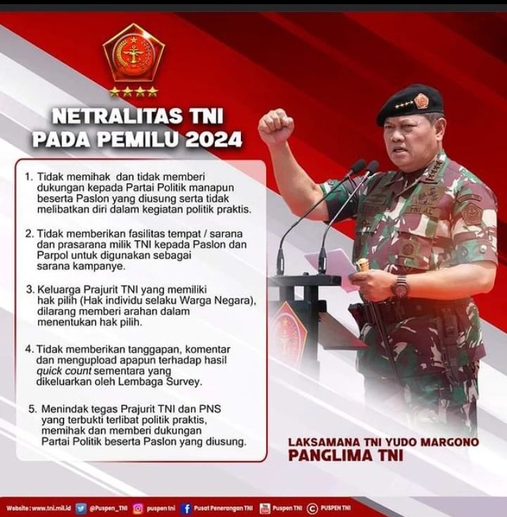 Netralitas TNI pada Pemilu 2024.

#tni 
#panglimatni 
#tnipatriotnkri 
#nkrihargamati 
#tnikuatrakyatbermartabat
#TNIADMengabdiDanMembangunBersamaRakyat #jenderaldudung #kasadjenderaltnidudungabdurachman #jenderaldudungabdurachman #dudungabdurachman #kasaddudungabdurachman