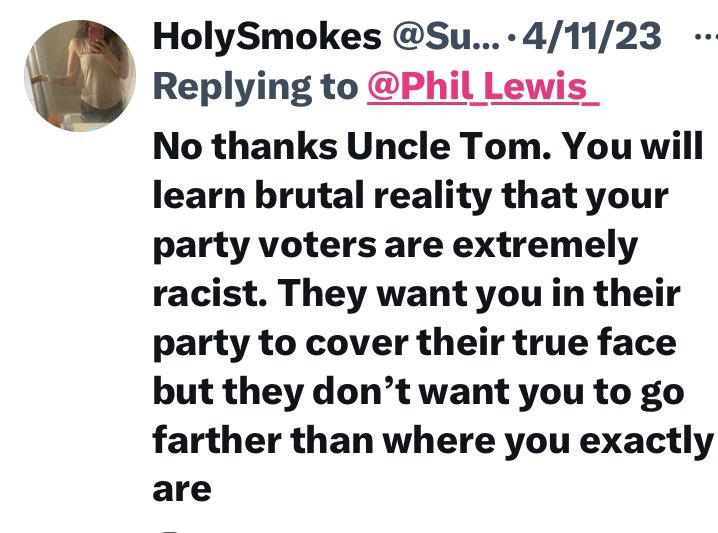 📍“No thanks Uncle Tom. You will learn brutal reality that your party voters are extremely racist………”🤨
.
📍“…….You’ll never be respected by your own people Uncle Tom typa sellout blacks always existed and always will be……”
.
📍“Imagine making a fortune by selling out your