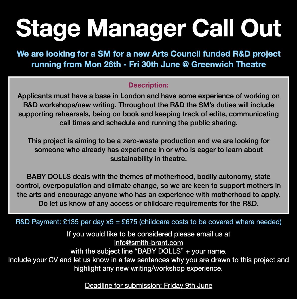 veryrascals's tweet photo. Paid Stage Manager Call Out 📣

We’re looking for a SM for our upcoming R&amp;D of BABY DOLLS. 

Check out the job details below or take a look at the link for more information on the play: https://t.co/BJCxOdn2H5

#stagemanager #theatre #theatrejobs https://t.co/Qjkat4FpFZ