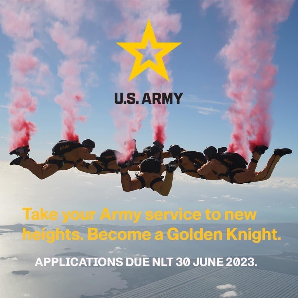 Be a part of history, join the @USArmy Parachute Team!  All information on requirements and how to apply can be found here: recruiting.army.mil/golden_knights…

#GoArmy #ServeWithUs #BeAllYouCanBe #VictoryStartsHere 

@SecArmy @ArmyChiefStaff @USArmySMA @ArmyMateriel @TRADOC @usarec @FORSCOM