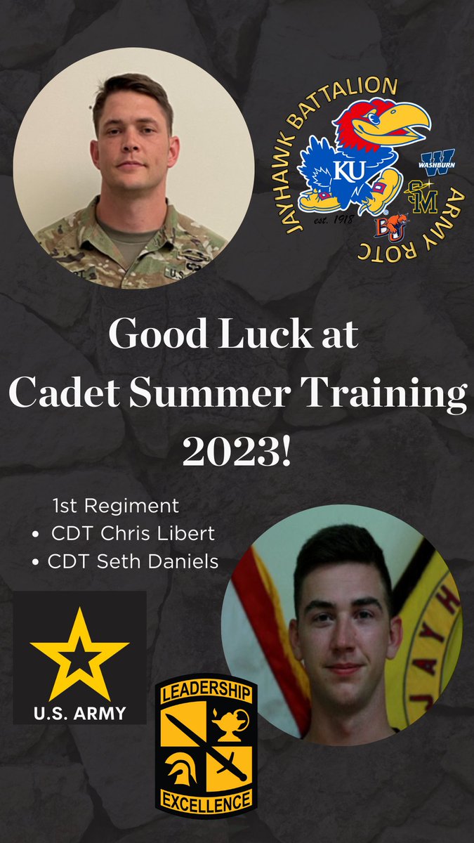 KU_ArmyROTC's tweet photo. Good luck to CDT Chris Libert & CDT Seth Daniels as they kick off Cadet Summer Training 2023's 1st Regiment! 💪🔥 Let the training begin! #CadetSummerTraining #GoodLuck #GoGetIt #CST23 https://t.co/ieoyArE3Ri