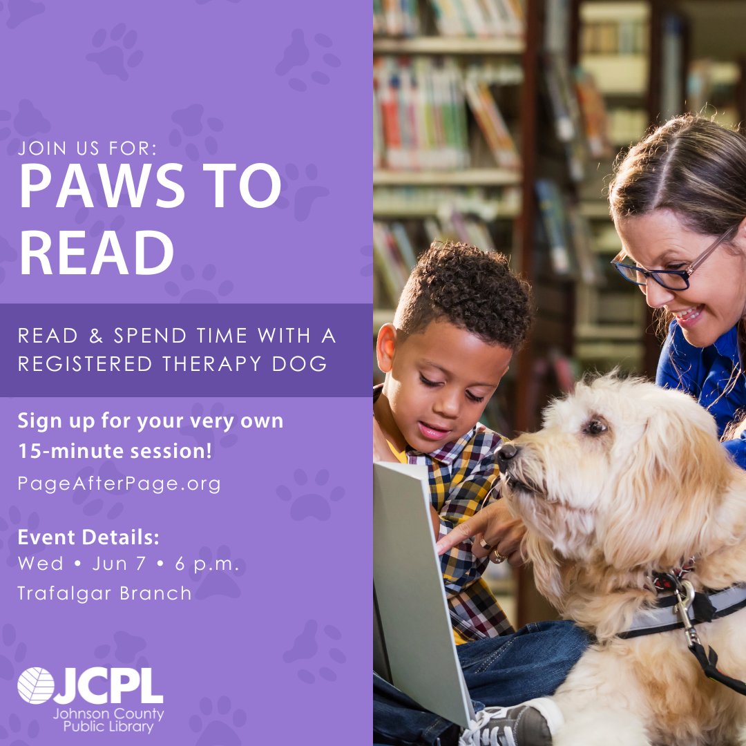 JCPLIN's tweet photo. Improve your reading skills and enjoy time with a registered therapy dog. Sign up for a 15-minute session. https://t.co/kC8Twqe2vy https://t.co/v3xpNhyXwN