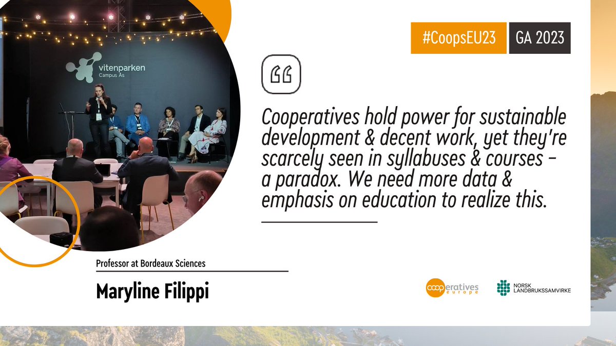 CoopsEurope's tweet photo. Professor on economics Maryline Filippi from @BdxSciencesAgro says cooperatives hold power for sustainable development and decent work, yet scarcely seen in syllabuses and courses. 

Improving this should be a key focus for the European cooperative community.

#CoopsEU23 https://t.co/fx8kZLlREw