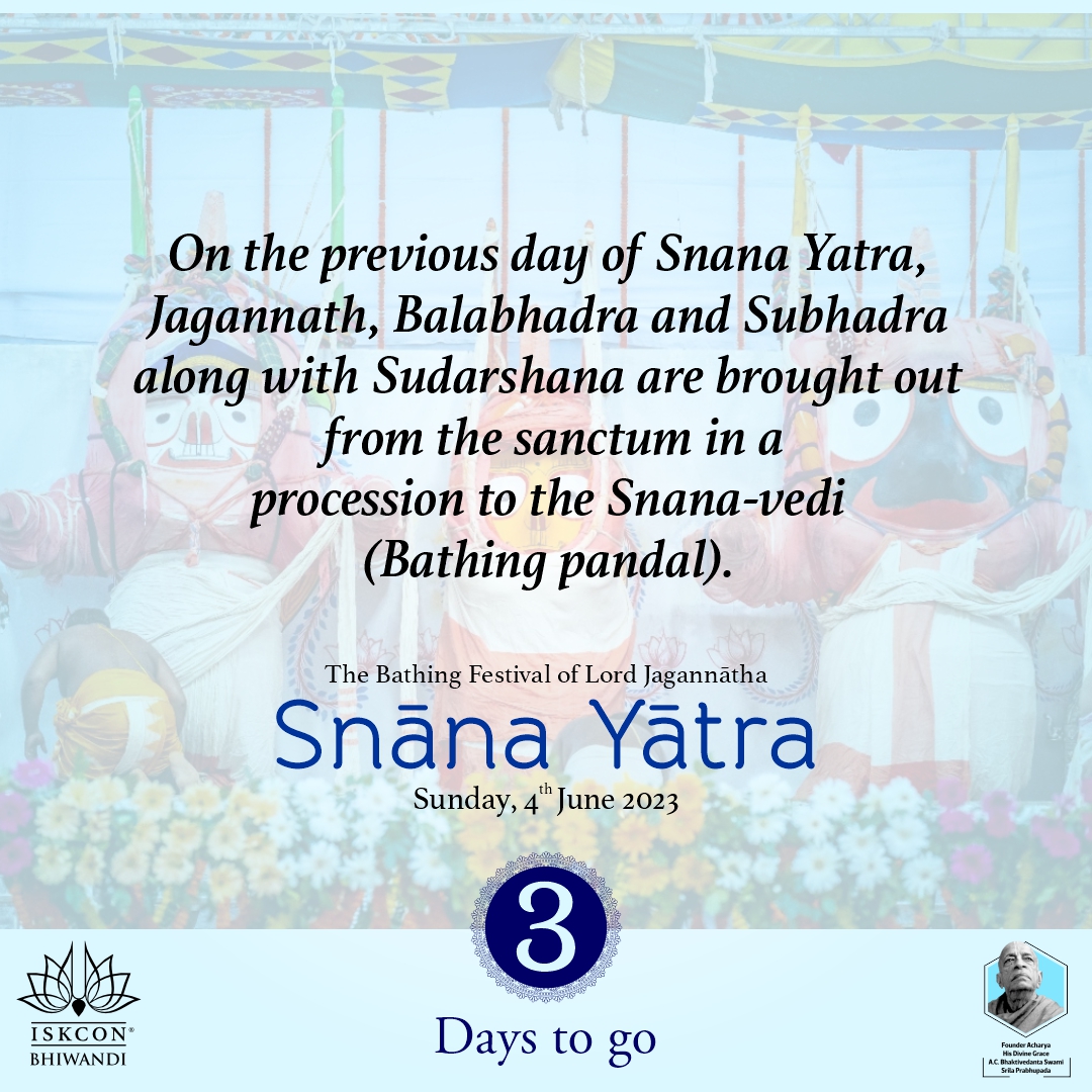 Hare Krishna!
3 days to go for 'The bathing festival of Lord Jagannatha - Snana Yatra ' on Sunday, 4th June 2023.
#ISKCONBhiwandi #iskconworld #srilaprabhupada #sprituality #divine #mumbai #Bhiwandi #iskconmumbai #snanayatra