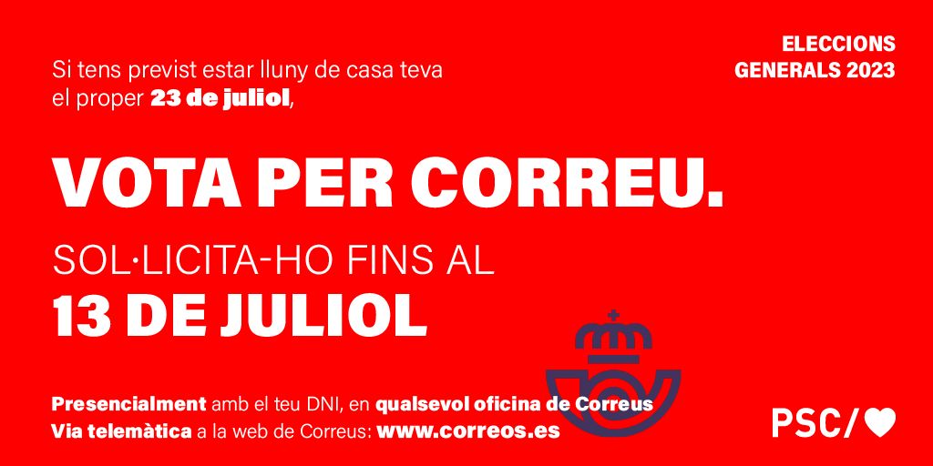 El #23J no pots anar a votar presencialment?
Ja pots sol·licitar el vot per correu!
Tens fins al 13 de juliol per a fer-ho de manera presencial amb el teu DNI en qualsevol oficina de Correus o per internet. <a href="/socialistes_cat/">Socialistes PSC/❤</a> <a href="/PSCBaix/">PSCBaix / ❤️</a>