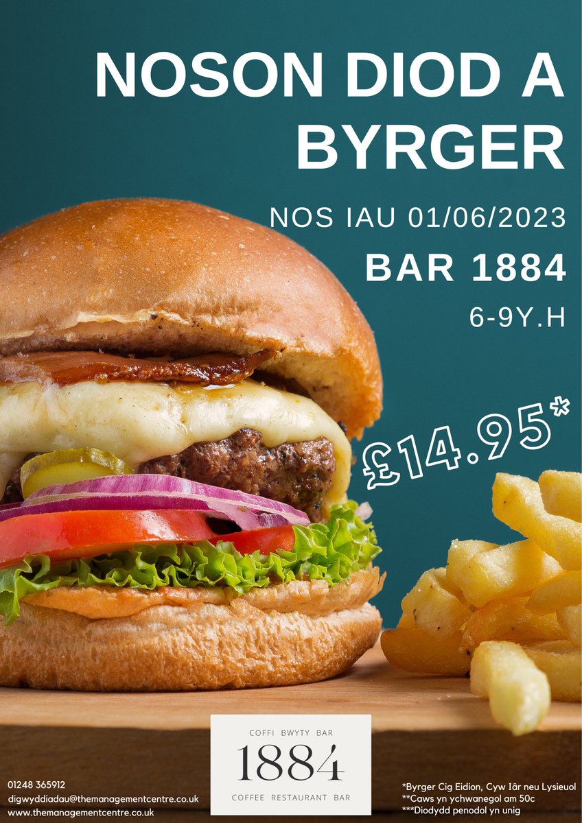 TMCBangorCym's tweet photo. 🍔NOSON DIOD A BYRGER🍔
Dewch draw am Byrger a Diod am £14.95* yr un. 

🗓️ 01.06.2023
🕣 6-9y.h
📍Bar 1884, Y Ganolfan Rheolaeth

Does dim rhaid bwcio cyn dod

*Byrger Cig Eidion, Cyw Iâr neu Lysieuol
**Caws yn ychwanegol am 50c
***Diodydd Penodol yn unig

📣Croeso i Bawb📣 https://t.co/Oet9VGfJ9n