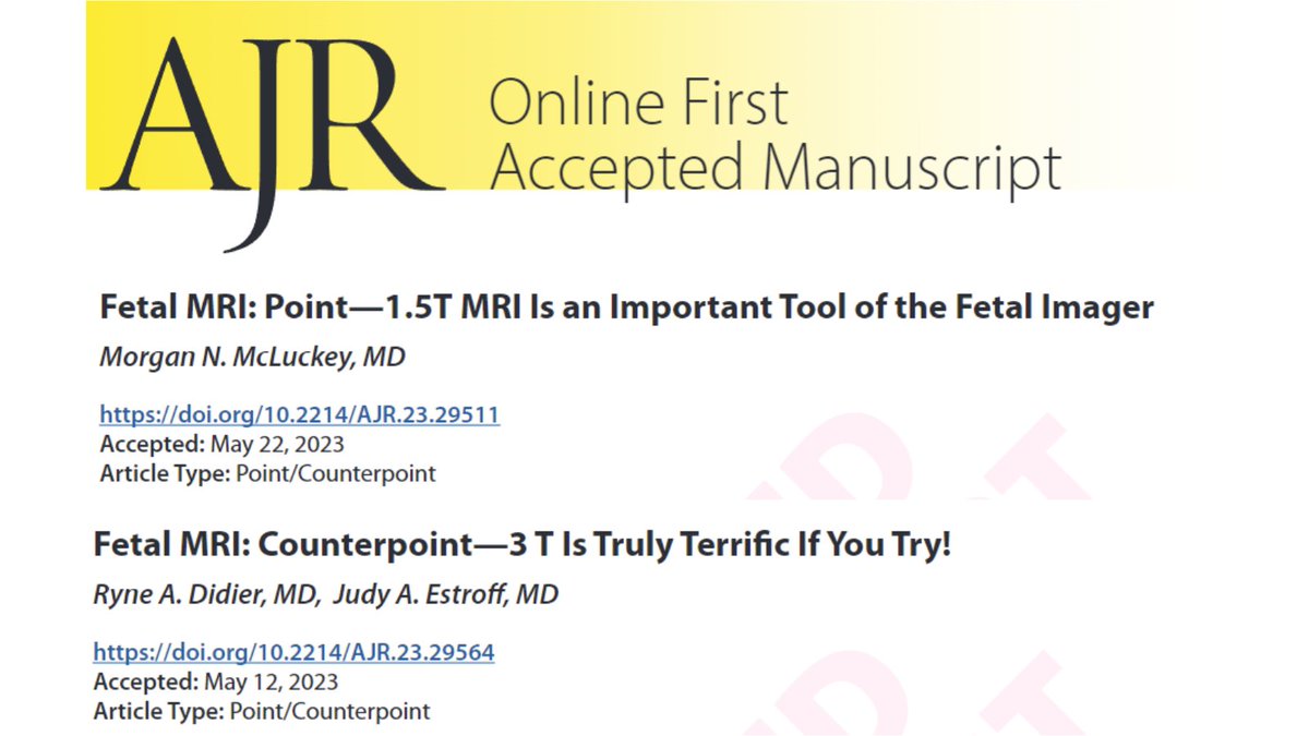 arosenkrantzmd's tweet photo. New @AJR_Radiology Accepted Manuscripts:

Fetal MRI
🟡Point: "1.5T MRI Is an Important Tool of the Fetal Imager" by Drs @MorganMcLuckey &amp; @brandonbrownmd 
🟡Counterpoint: "3 T Is Truly Terrific If You Try!" by Drs  Estroff &amp; Didier

https://t.co/QqFTPeSssi
https://t.co/H7PvdH9UYA https://t.co/FxqsWGHJWP
