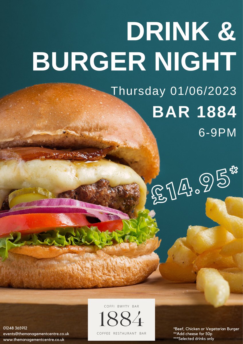 🍔DRINK &amp; BURGER NIGHT🍔
Come and enjoy Burger and a Drink for £14.95*each.

🗓️ 01.06.2023
🕣 6-9pm
📍Bar 1884, Y Ganolfan Rheolaeth

No need to book in advance

*Beef, Chicken or Vegetarian Burger
**Add cheese for 50p
***Selected drinks only

📣All welcome📣