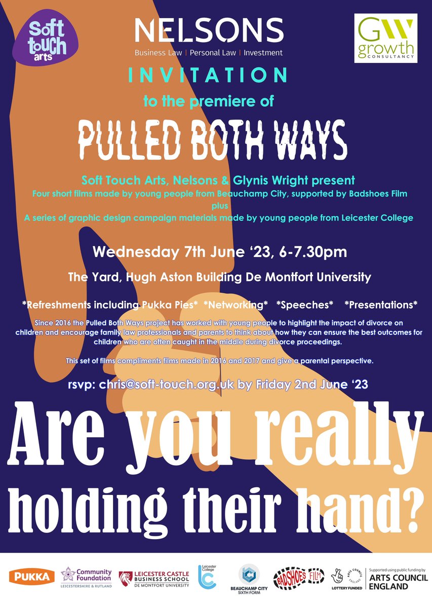 Excited for the launch of Pulled Both Ways 7/6/23, 6-7.30pm #HughAstonBuilding @dmuleicester with @Nelsons_Law @PukkaPies #LLRCF showcase of films made by students @BeauchampCity with @badshoes7 graphic designs by @LeicesterColl highlighting the impact of divorce on children